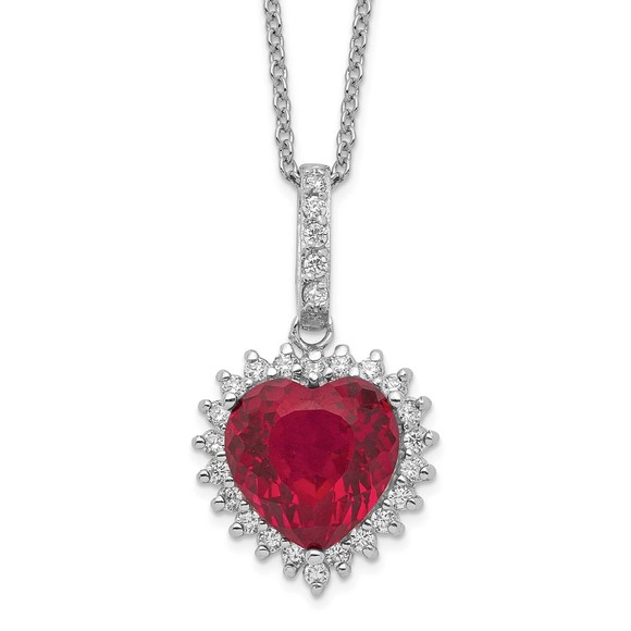 925 Sterling Silver 100 Facet Lab Created Ruby & White CZ Heart Halo 18"Necklace - Picture 2 of 5